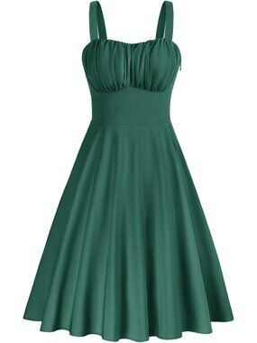 Women's Dark Green Vintage A-Line Midi Cocktail Tea Party Wedding Guest Dress